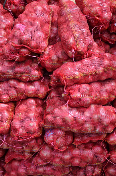 Sacs containing Large onion stacked for sale at  Local Market at Little India, Singapore
