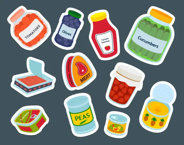 Vector illustration of Collection of various tins canned goods food metal container product vector illustration