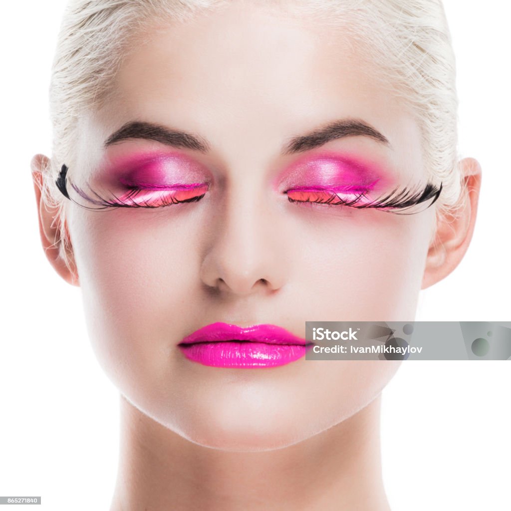 Woman With Pink Fancy Makeup Stock Photo - Download Image Now - Eyelash,  Feather, Adult - iStock