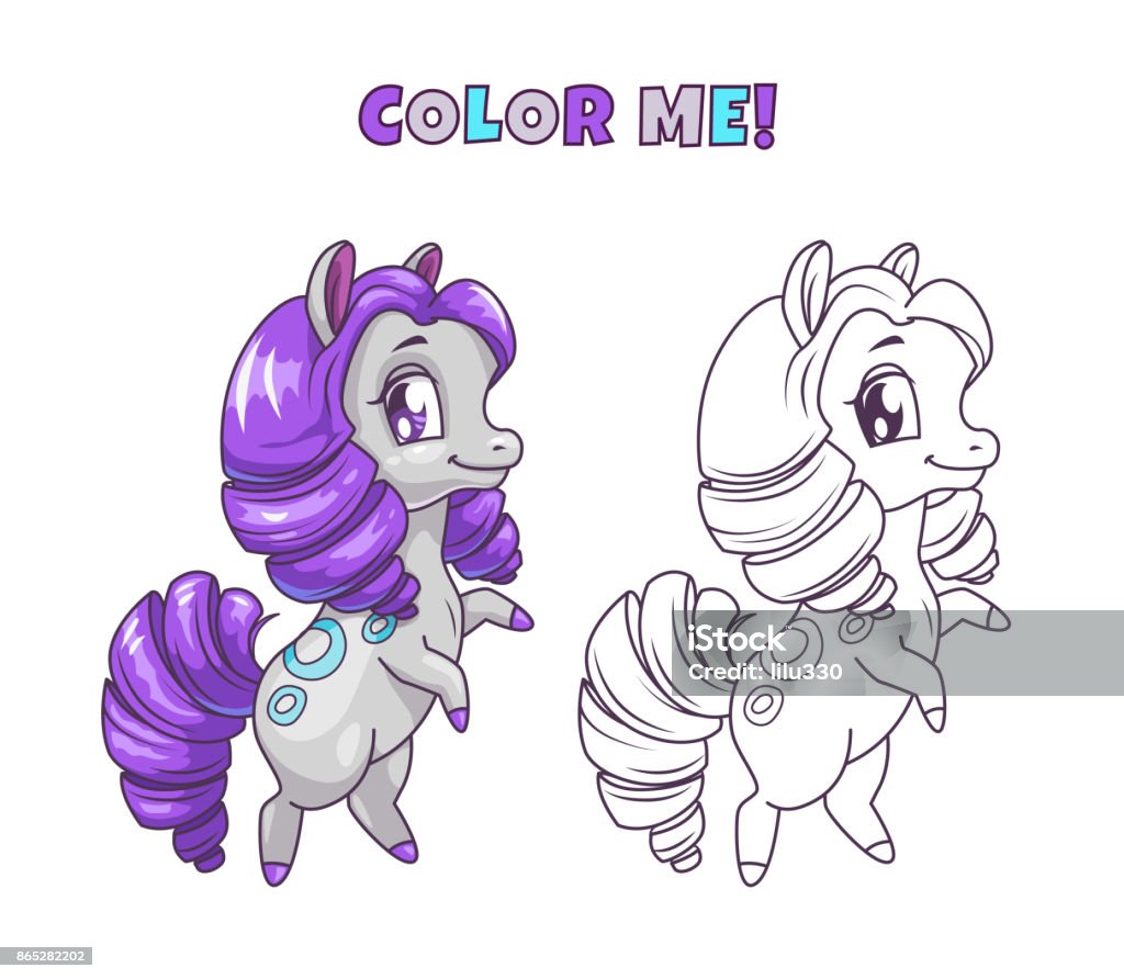 Little cute horse illustration for coloring book Little cute horse illustration for coloring book design. Vector colorful and outline pony icons on white background. Animal stock vector