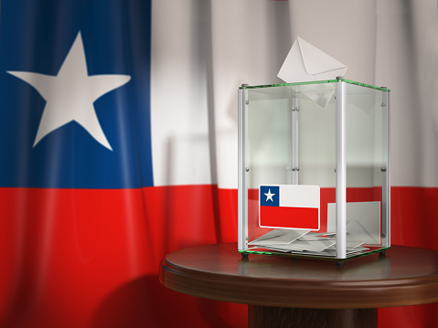 Ballot box with flag of Chile and voting papers. Chilean presidential or parliamentary election . 3d illustration