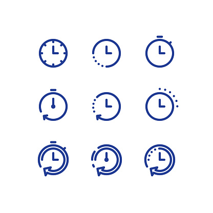 Fast time logo, stop watch symbol,  time period concept, working hours,  quick timely delivery, express and urgent services, deadline and delay, vector line icon set