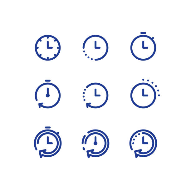 Time clock line icon set, fast delivery, quick service, working hours Fast time logo, stop watch symbol, time period concept, working hours, quick timely delivery, express and urgent services, deadline and delay, vector line icon set waiting stock illustrations