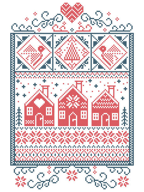 Elegant Christmas Scandinavian, Nordic style winter stitching, pattern including snowflake, heart,  Swedish style gingerbread house, Christmas tree, gift, snow, robin, snowflake, star  in red blue Elegant Christmas Scandinavian, Nordic style winter stitching, pattern including snowflake, heart,  Swedish style gingerbread house, Christmas tree, gift, snow, robin, snowflake, star  in red blue winter wonderland london stock illustrations