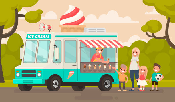Children And An Ice Cream Truck In The Park Vector Illustration In A Flat  Style Stock Illustration - Download Image Now - iStock