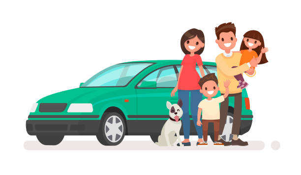 ilustraciones, imágenes clip art, dibujos animados e iconos de stock de семья с автомобилем - family in car
