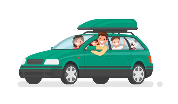 Vector illustration of Happy family goes by car on vacation. Father, mother, son, daughter and dog go on a trip. Vector illustration