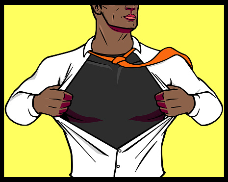 A vector comic book style illustration of an African American man opens his shirt transforming into superhero. Put your text or symbol on the chest.