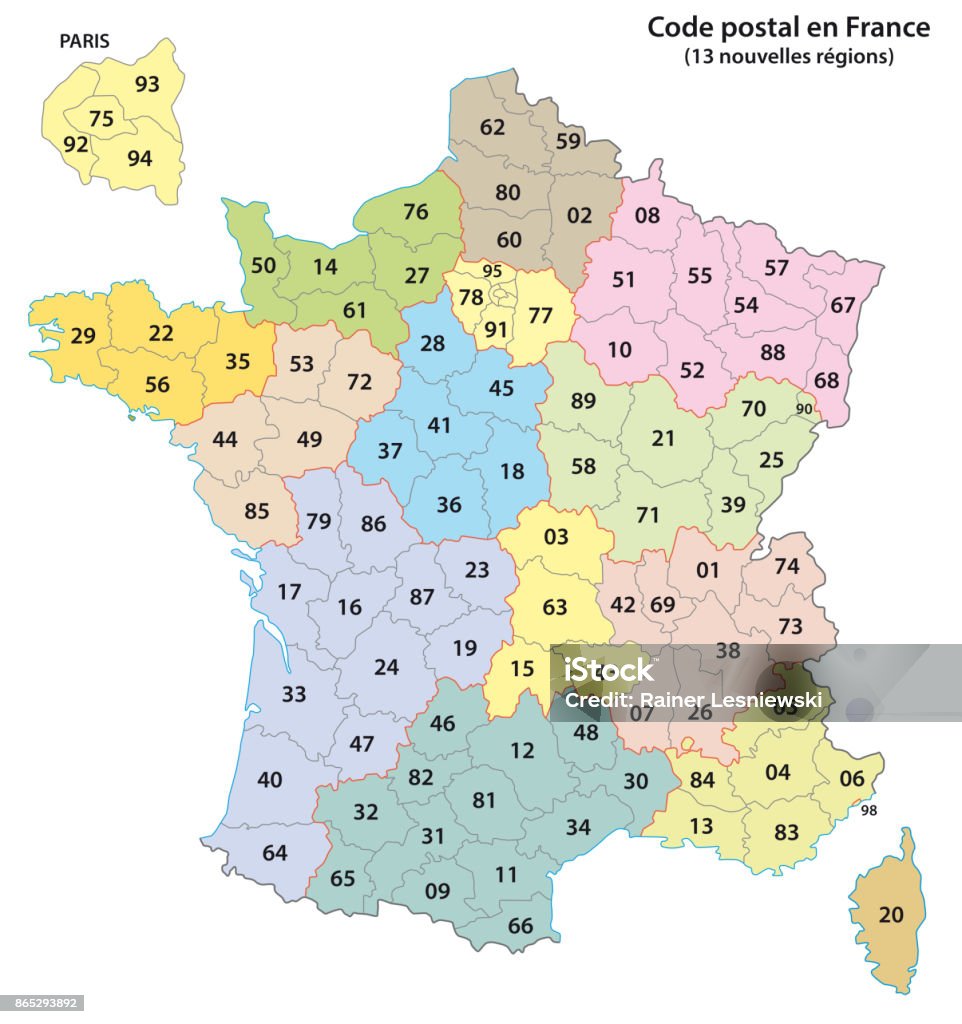Códigos postais de 2 dígitos de França mapeiam 2017 - Vetor de França royalty-free