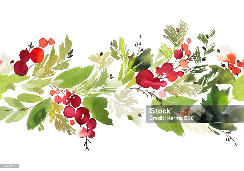 Modèle de Noël aquarelle transparente avec des baies et épinette - Illustration de Noël libre de droits