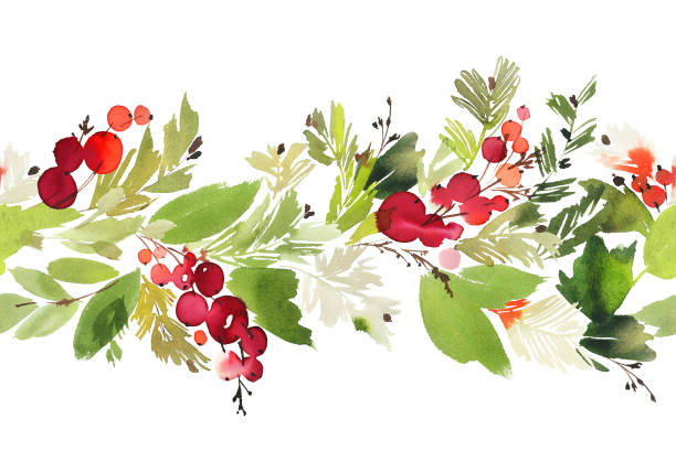 딸기와 가문비나무 원활한 수채화 크리스마스 패턴 - christmas holly backgrounds pattern stock illustrations
