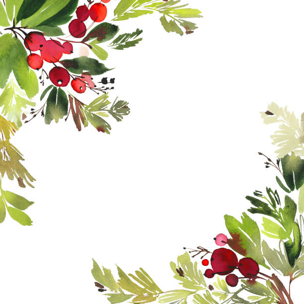 딸기 수채화 엽서와 함께 크리스마스 - christmas christmas tree flower frame stock illustrations