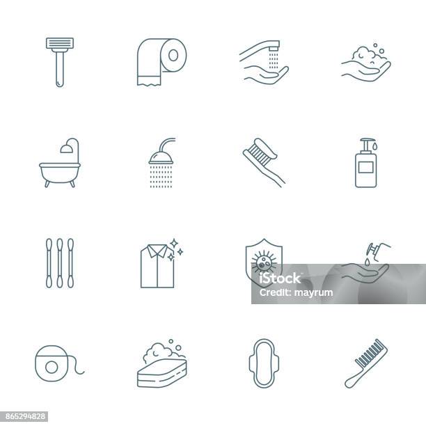 Hygiene Set Of Vector Icons Stock Illustration - Download Image Now - Shower, Foam - Material, Outline