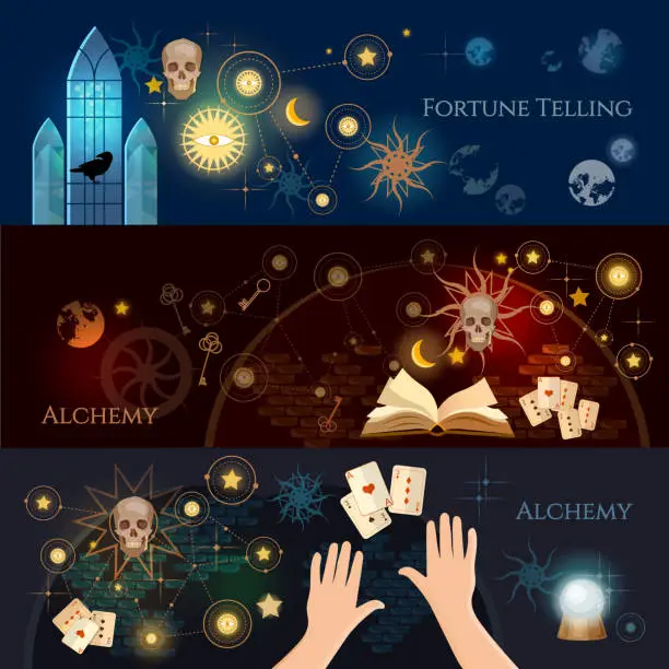 Vector illustration of Fortune telling banner. Vintage key magic objects and scrolls alchemy concept. Medieval alchemy mysticism occultism esotericism. Medieval castle of wizard