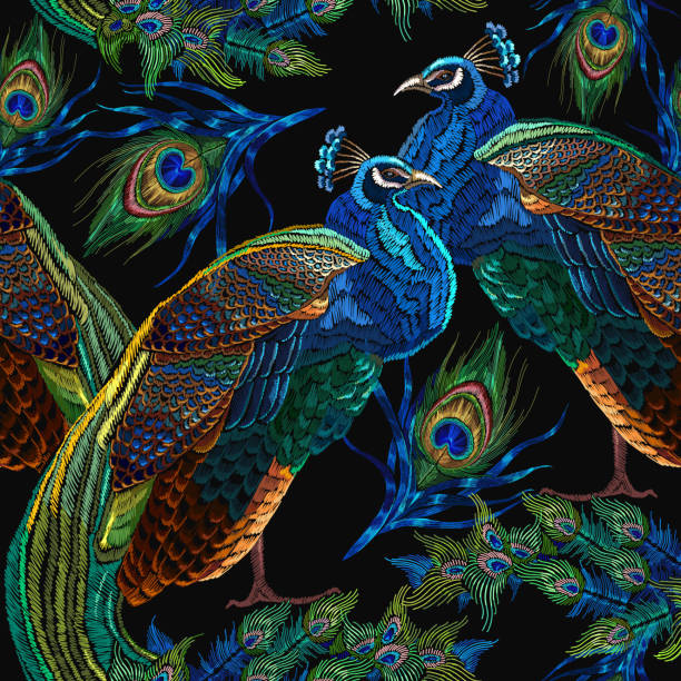 Embroidery peacocks seamless pattern. Classical fashionable embroidery beautiful peacocks. Fashionable template for design of clothes. Tails of peacocks vector art illustration