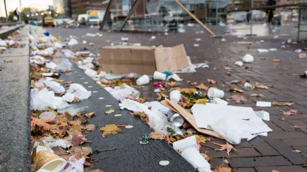 Litter left on the street after the weekly market, Rotterdam, the Netherlands