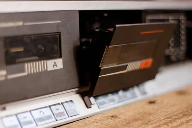 Stereo cassette player in retro style and audiocassette