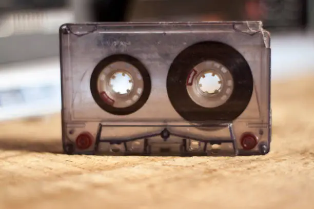 Stereo cassette player in retro style and audiocassette