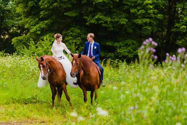 istock Beautiful newlyweds riding two horses 865299690
