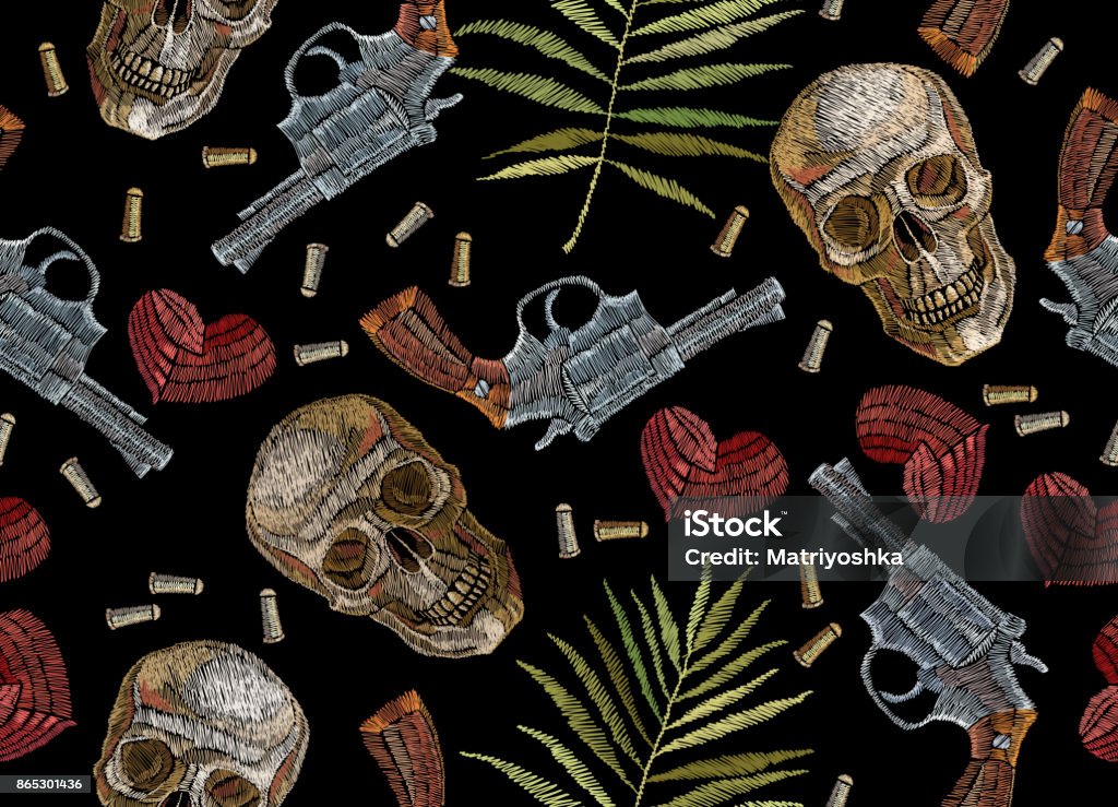 Embroidery skulls, tropical palm leaves hearts and guns seamless pattern. Wild west embroidery old revolvers, red hearts, human skulls, palm leaves, gothic background. Design clothes, t-shirt design Bandit stock vector