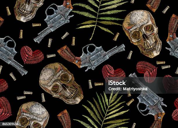 Embroidery Skulls Tropical Palm Leaves Hearts And Guns Seamless Pattern Wild West Embroidery Old Revolvers Red Hearts Human Skulls Palm Leaves Gothic Background Design Clothes Tshirt Design Stock Illustration - Download Image Now