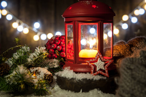 istock Christmas Decorations lantern with candle, lights and toy 865301564