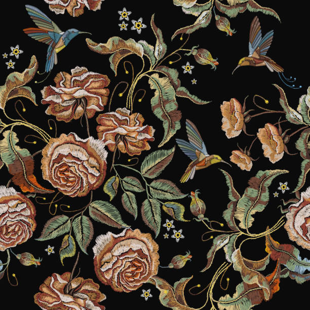 Roses embroidery seamless pattern. Classical embroidery vintage buds of roses and humming birds. Fashionable template for design of clothes, t-shirt design, tapestry flowers renaissance style Roses embroidery seamless pattern. Classical embroidery vintage buds of roses and humming birds. Fashionable template for design of clothes, t-shirt design, tapestry flowers renaissance style renaissance style stock illustrations