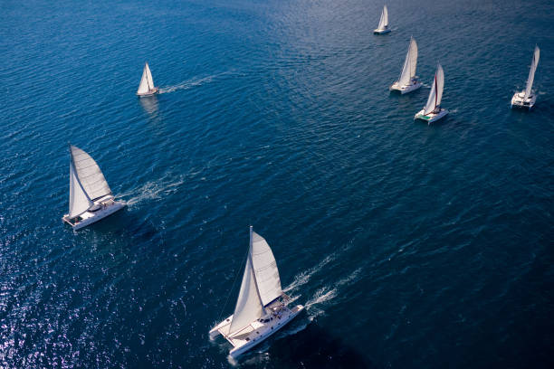 Regatta in the Indian Ocean Regatta in the Indian Ocean, monohulls and catamarans catamaran sailing boats stock pictures, royalty-free photos & images