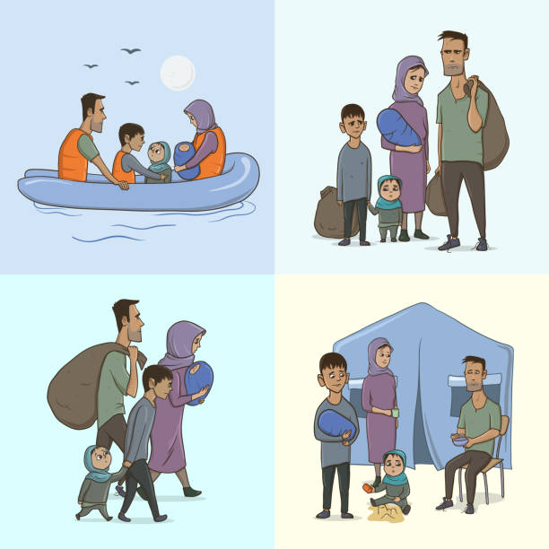 ilustraciones, imágenes clip art, dibujos animados e iconos de stock de la familia de refugiados con niños. vela a europa en el barco. transición de la tierra y la vida en el campamento de refugiados. concepto de crisis europea migrantes. ilustración de vector. - displaced persons camp illustrations