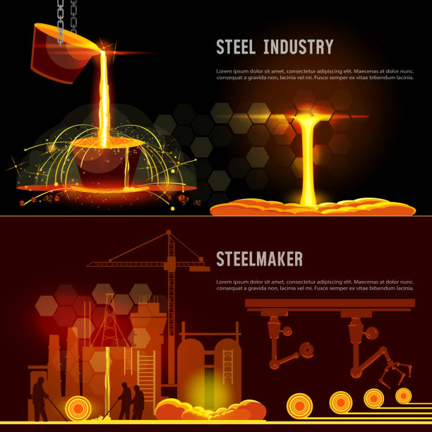 sztandar przemysłu stalowego. gorąca stal wylewająca się do huty. wytapianie metalu w dużej odlewirze. warsztat żelaza i fabryki. hutnik. proces metalurgii - molten stock illustrations