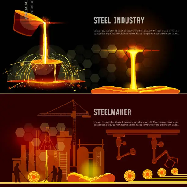 Vector illustration of Steel industry banner. Hot steel pouring in steel plant. Smelting of metal in big foundry. Iron and factory workshop. Steel worker. Metallurgy process