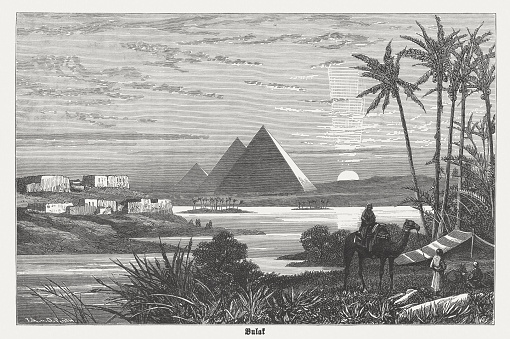 View of the Pyramids of Giza during a Nile flooding. Wood engraving, published in 1882.