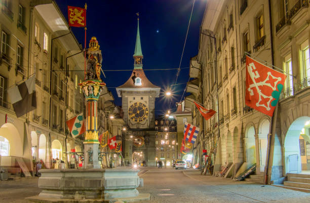 istock Night shot of clock tower in Bern 865309588