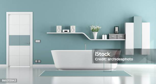 Blue Moder Bathroom Stock Photo - Download Image Now - Domestic Bathroom, Shelf, Bathroom