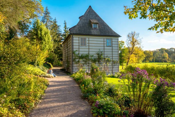 Weimar, Germany - October 10, 2017: Image of Goethe´s summer cottage in the park by the river Ilm in Weimar during summertime. Goethe lived in this building until 1782, and also helped landscape the park. Goethe was one of the key figures of German literature.