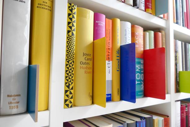 陽図書館の整理: 完全に満員でカラフルな本のストリップを分割棚 - book book spine shelf in a row ストックフォトと画像