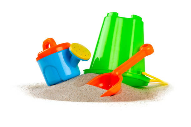 colorful beach toys isolated on white stock photo