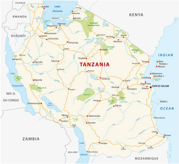 ilustrações, clipart, desenhos animados e ícones de tanzânia mapa de estrada - physical geography