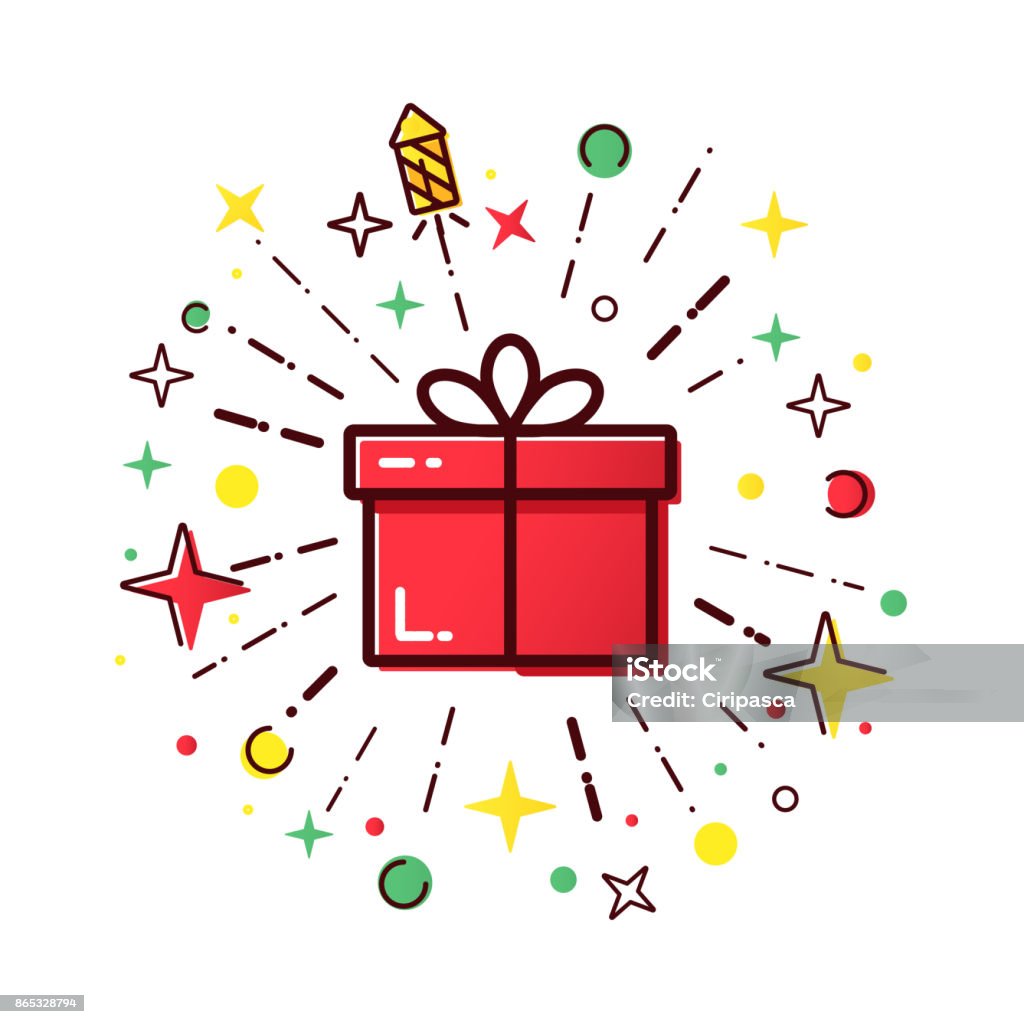 Boxing day sale Vector line icons of christmas gift box with a firework. Cute illustration of red gift box, concept for boxing day sale. Gift stock vector