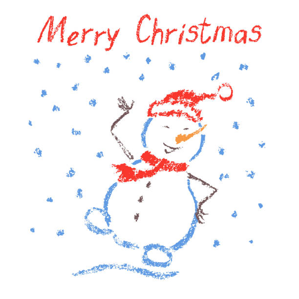 istock Crayon like child's drawing merry christmas funny smiling dancing snowman with lettering and falling snowflakes. 865335184