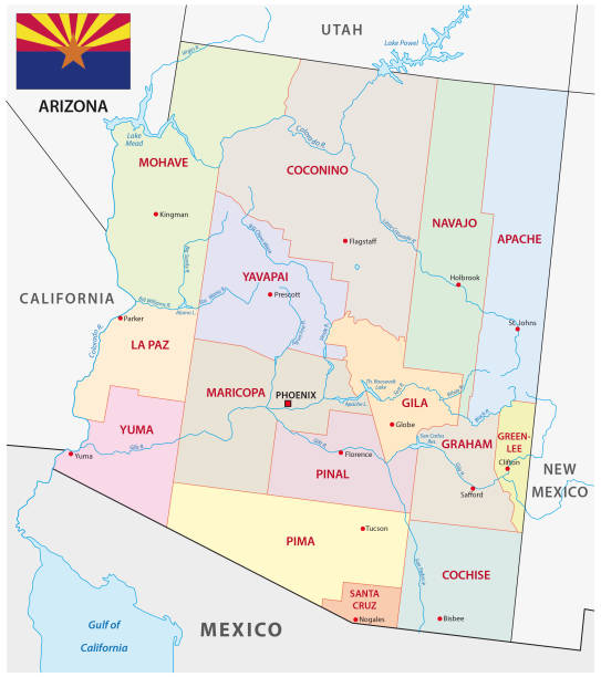 ilustrações de stock, clip art, desenhos animados e ícones de arizona administrative map with flag - utah map state usa