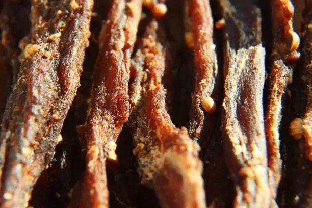 Photo of a close up macro shot of biltong (protein snack).
