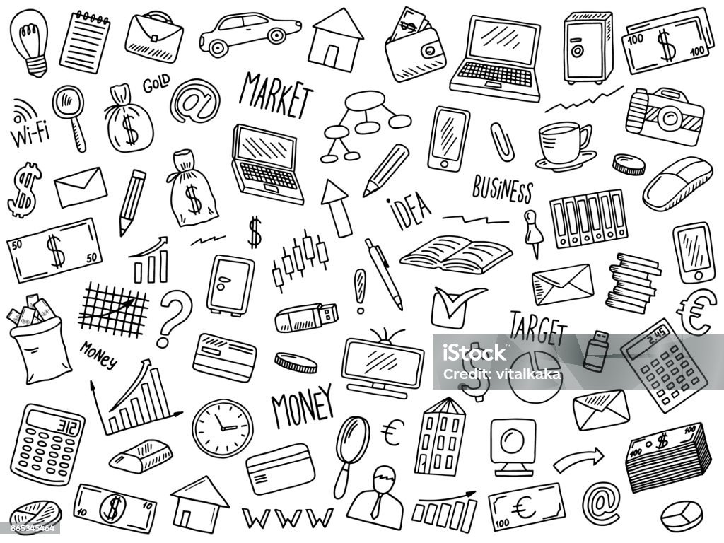 business doodles set hand drawn vector illustration set of business elements Drawing - Activity stock vector