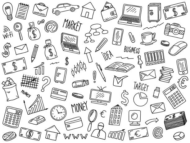 business doodles set hand drawn vector illustration set of business elements clock clipart stock illustrations