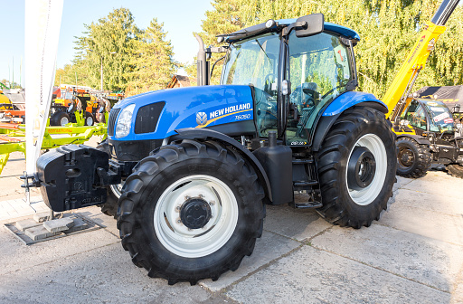Russia, Samara - September 23, 2017: Modern agricultural tractor New Holland exhibited at the annual Volga agro-industrial exhibition