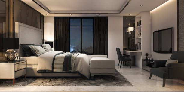 istock 3d rendering modern luxury bedroom suite in hotel with decor 865359618