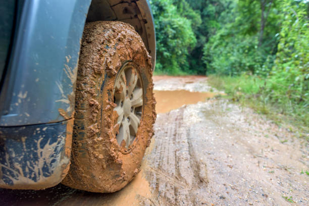 istock Closeup of car wheel on dirt road 865361132