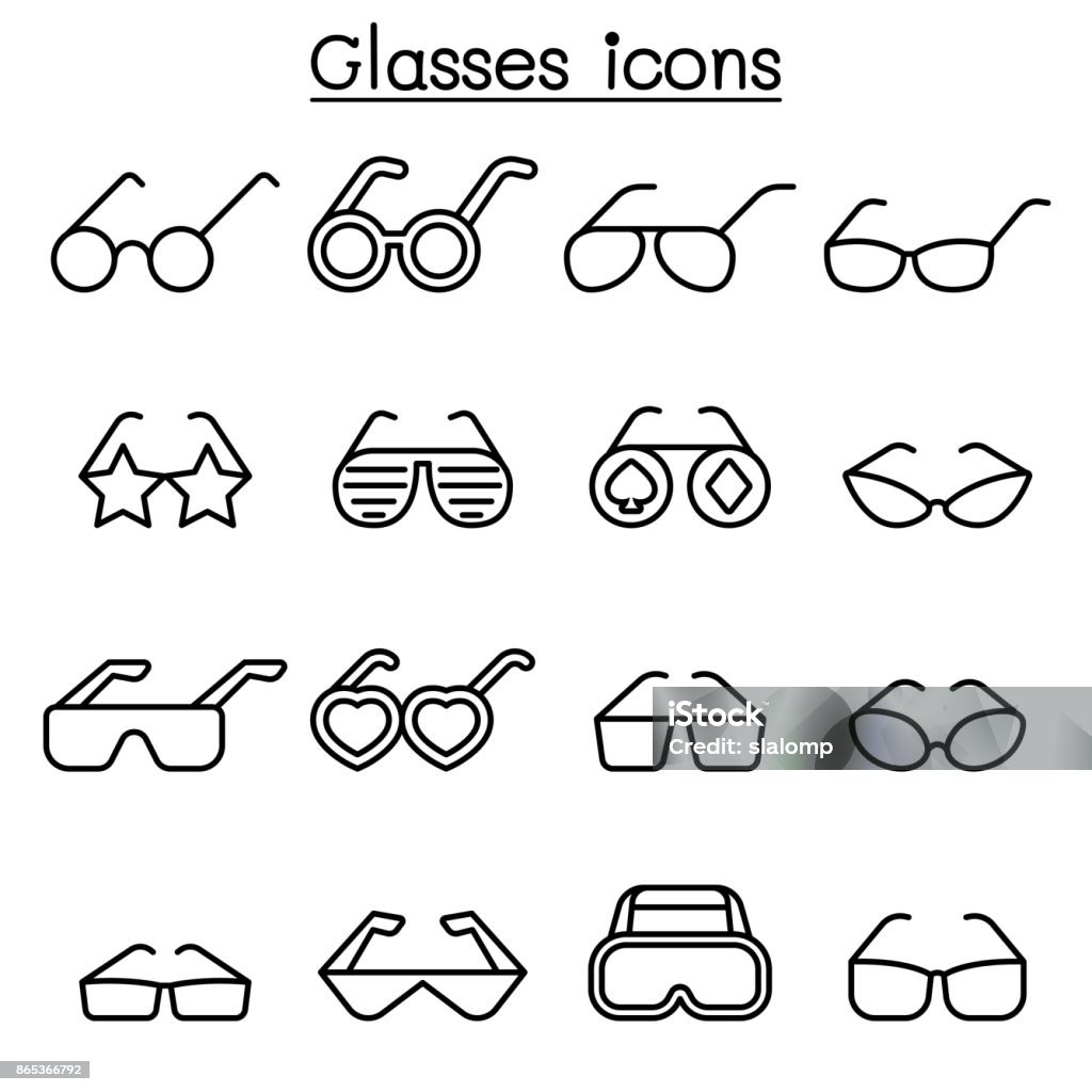 Conjunto de ícones de óculos no estilo de linha fina - Vetor de Óculos royalty-free