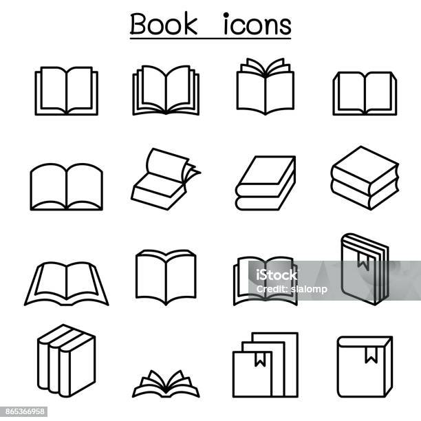 Book Icon Set In Thin Line Style Stock Illustration - Download Image Now - Book, Open, Outline