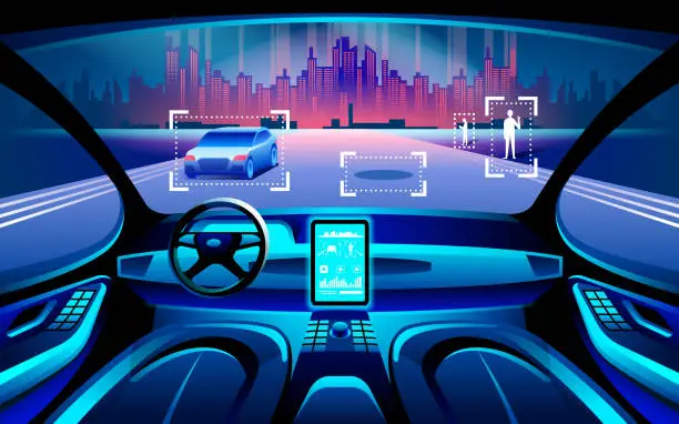 Vector illustration of Autinomous smart car inerior. Self driving at night city landscape. Display shows information about the vehicle is moving, GPS, travel time, scan distance Assistance app. Future concept